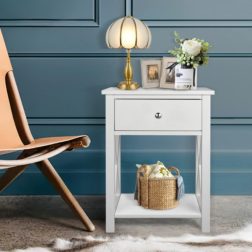 2 Pcs White Wooden Side End Table Night Stand with Bin Drawer V872886