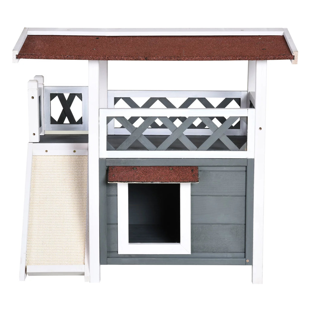 2-story Cat House Wood Shelter with Condo Sisal Ramp, Gray V749