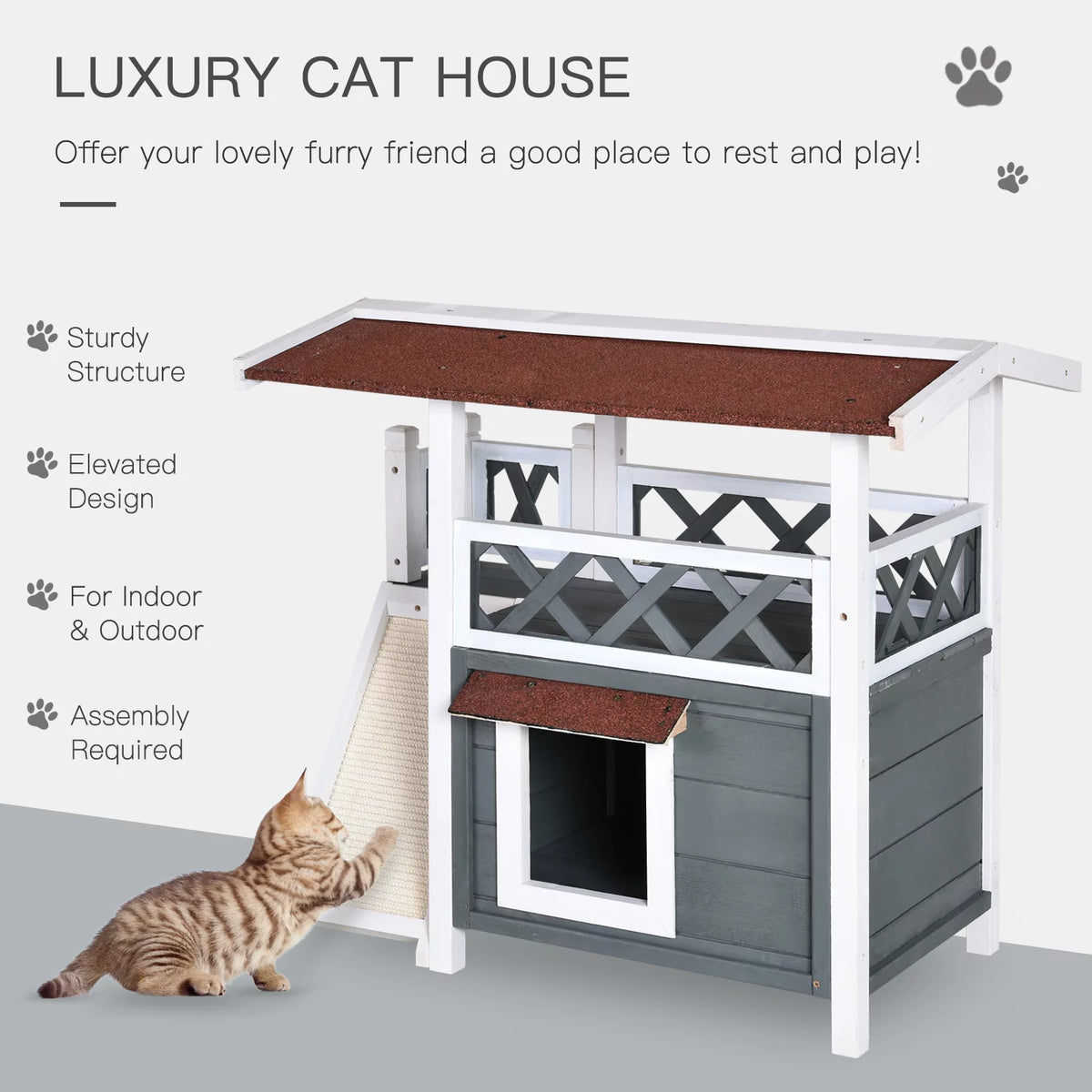2-story Cat House Wood Shelter with Condo Sisal Ramp, Gray V749