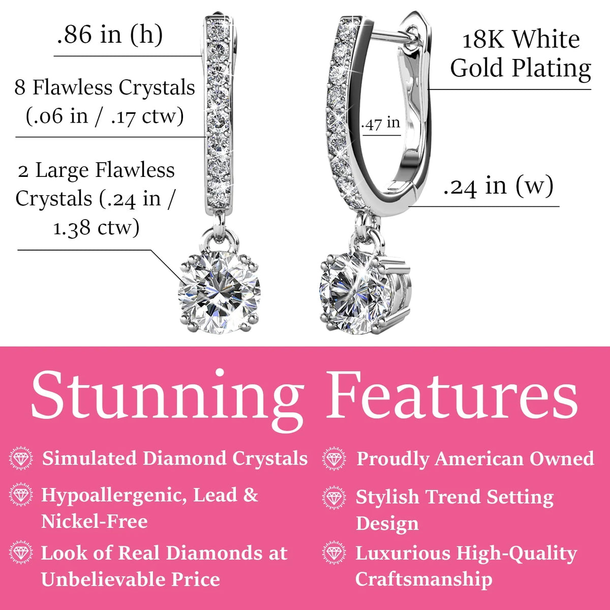 18k White Gold Plated Silver Crystal Drop Dangle Earrings K670