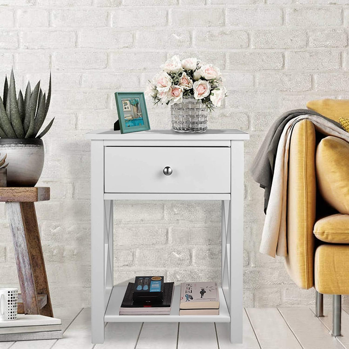 2 Pcs White Wooden Side End Table Night Stand with Bin Drawer V872886