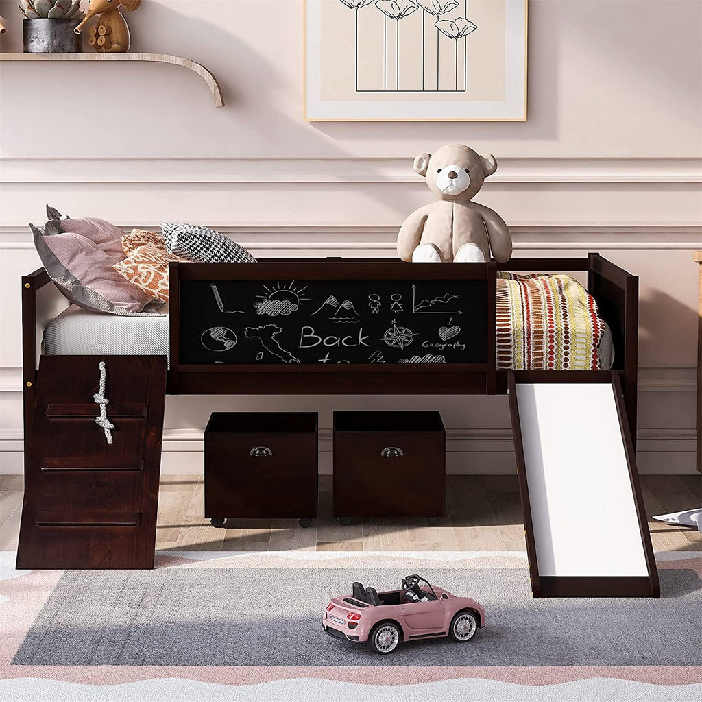 Twin Size Solid Wood Loft Bed with Slide and Storage Shelves I6643