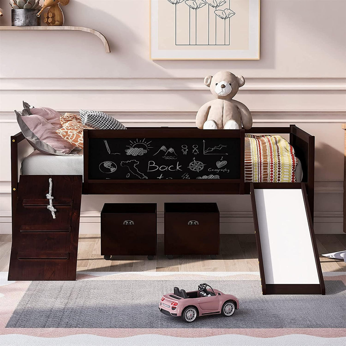 Twin Size Solid Wood Loft Bed with Slide and Storage Shelves I6643