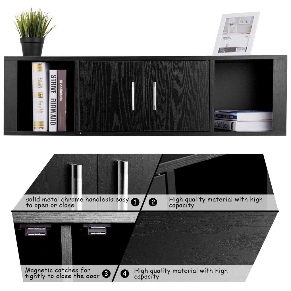 Black Wall Mounted Floating Desk Hutch Cabinet with 2 Door Storage Shelves P5193
