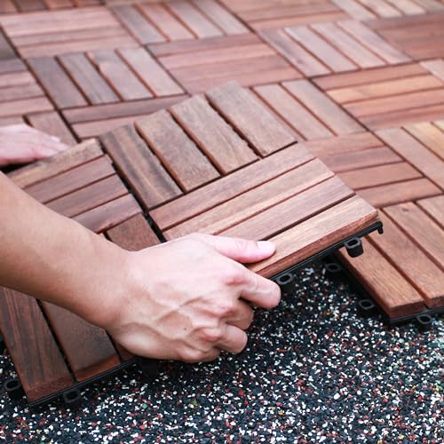 10 Pcs Interlocking Acacia Wood Patio Tiles, 12"x12", Teak A7887