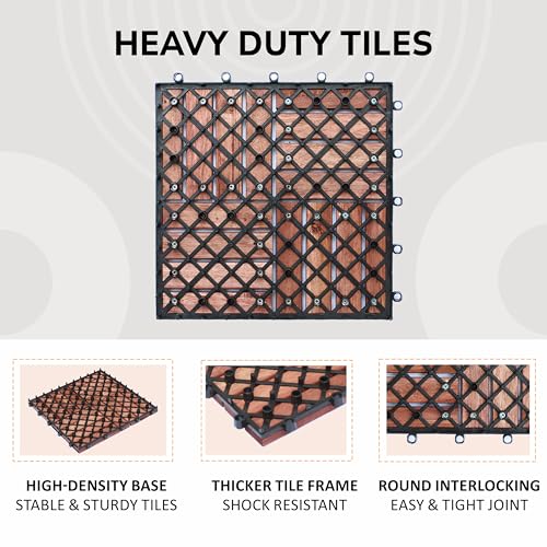 10 Pcs Interlocking Acacia Wood Patio Tiles, 12"x12", Teak A7887