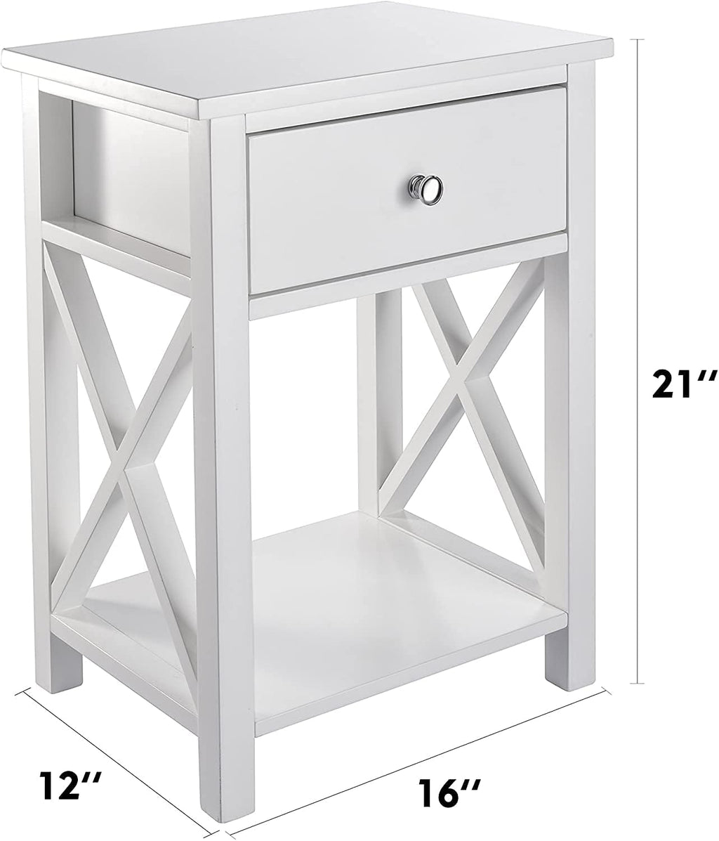 2 Pcs White Wooden Side End Table Night Stand with Bin Drawer V872886