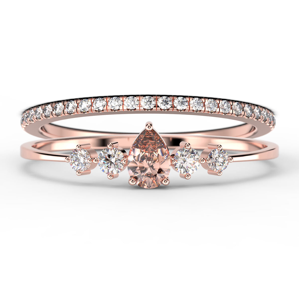 1.55 Carat Pear Cut Morganite And Diamond Moissanite Engagement Ring in 925 Sterling Silver With 18k Rose Gold Plating O9525