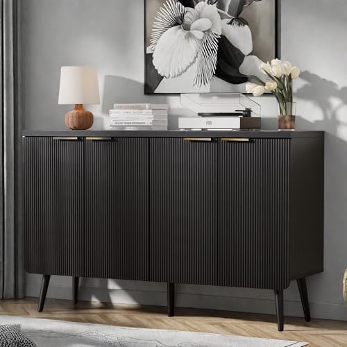 Black Fluted 4 Door Buffet Cabinet with Storage F395153