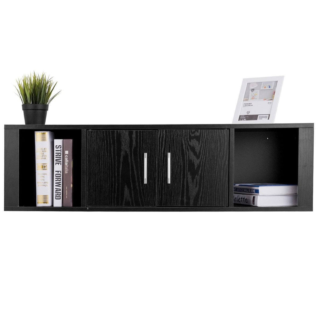 Black Wall Mounted Floating Desk Hutch Cabinet with 2 Door Storage Shelves P5193