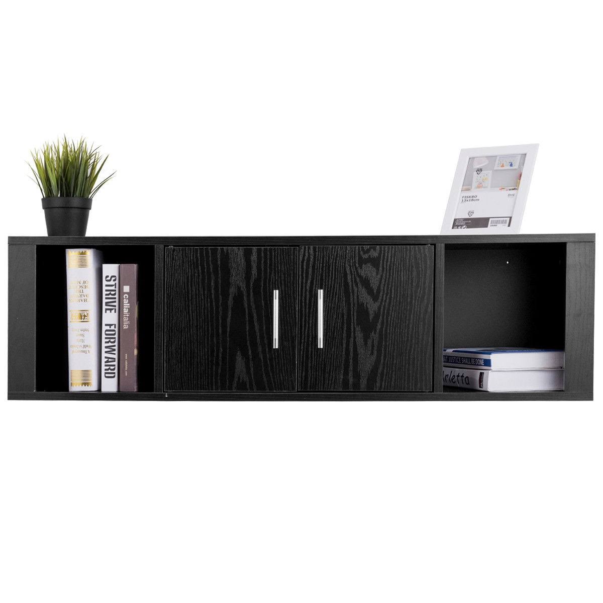 Black Wall Mounted Floating Desk Hutch Cabinet with 2 Door Storage Shelves P5193