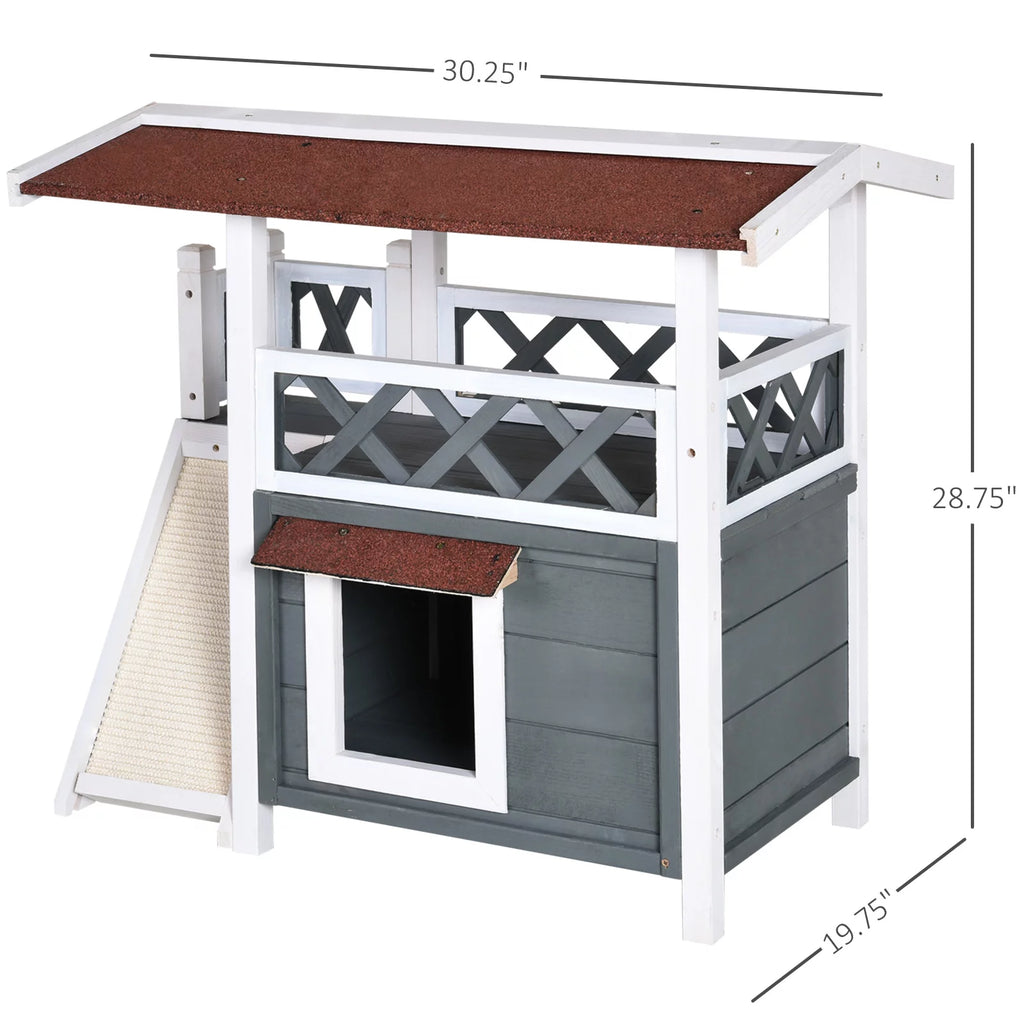2-story Cat House Wood Shelter with Condo Sisal Ramp, Gray V749