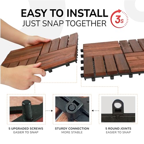 10 Pcs Interlocking Acacia Wood Patio Tiles, 12"x12", Teak A7887