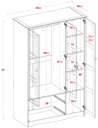 100% Solid Wood Armoire Wardrobe Closet, Java, 4 Small Shelves, 1 Clothing Rod, 2 Drawers S919320