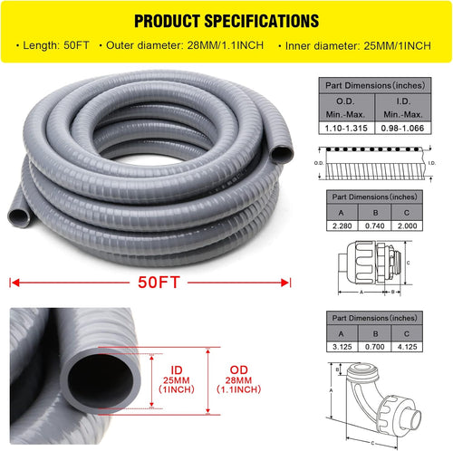 1 in. 50ft Flexible Non Metallic Liquid Tight Electrical Conduit Kit with 5 Straight and 3 Angle Fittings T991398
