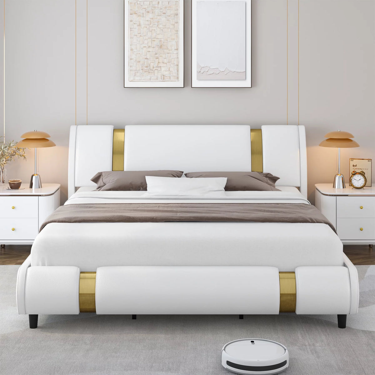 Full Size Leather Upholstered Platform Bed Frame with White Headboard G83012