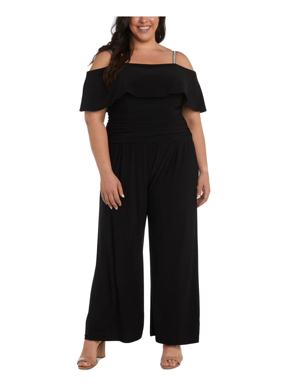Black Ruched Zippered Wide Leg Jumpsuit Plus 22W F7729