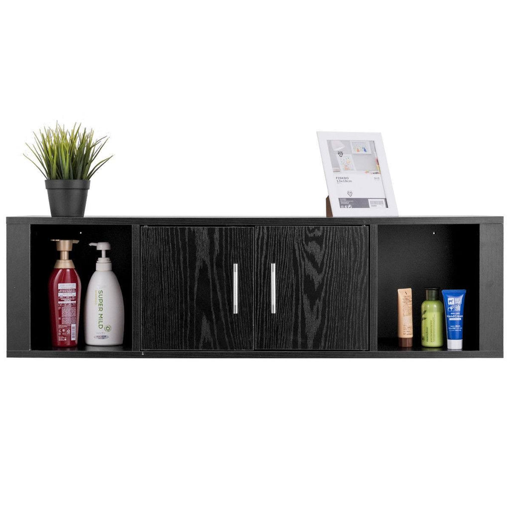 Black Wall Mounted Floating Desk Hutch Cabinet with 2 Door Storage Shelves P5193