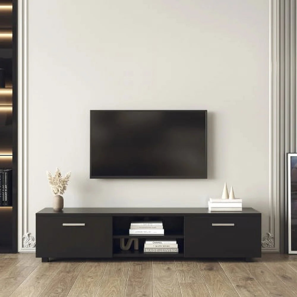 Black TV Console Table with 2 Storage Cabinet F17103