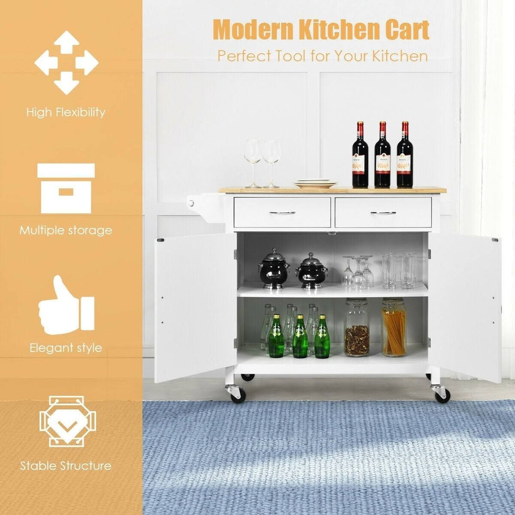 White Rolling Kitchen Cart with Wooden Top T270230