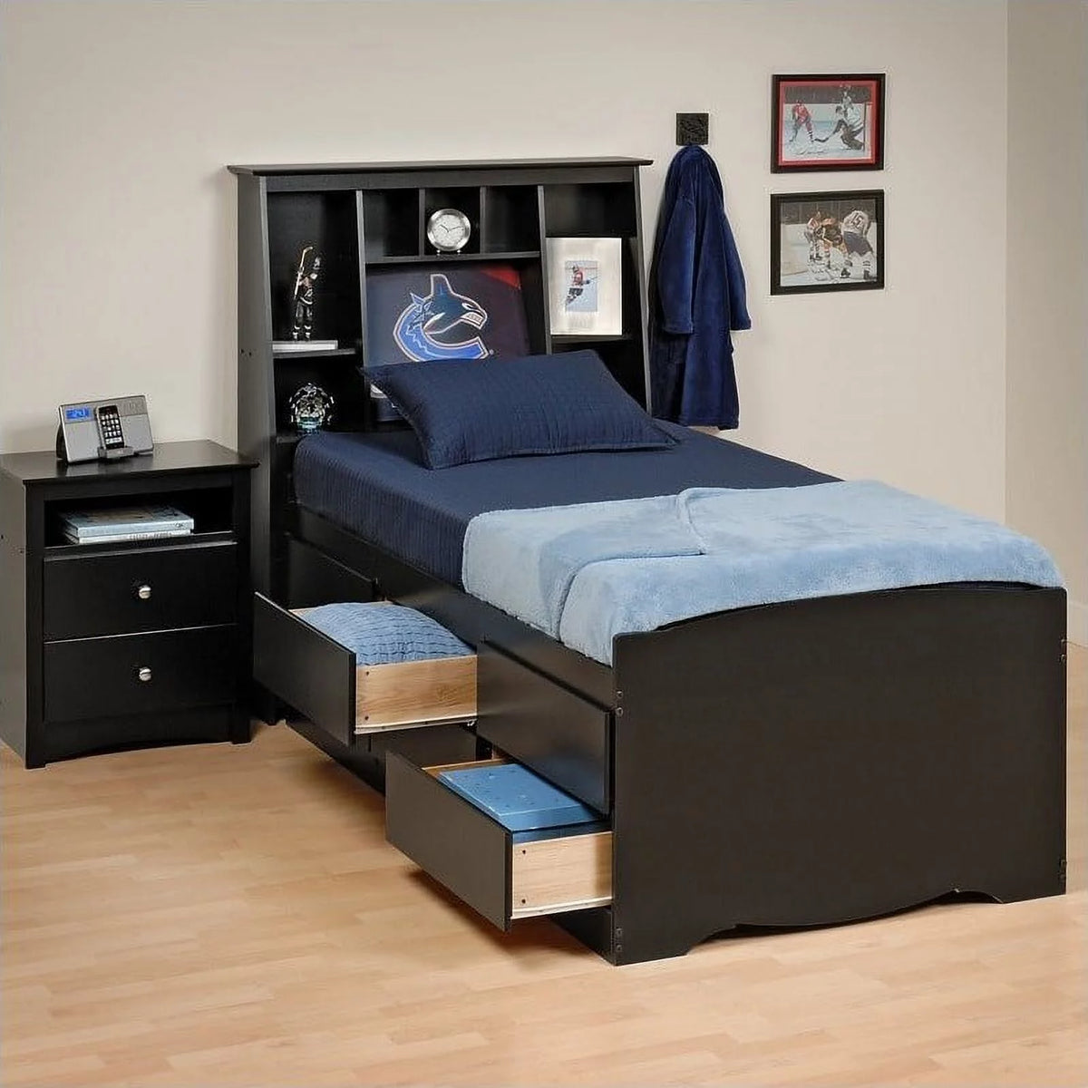 Contemporary Wood Twin Platform Storage Bed in Black S53627