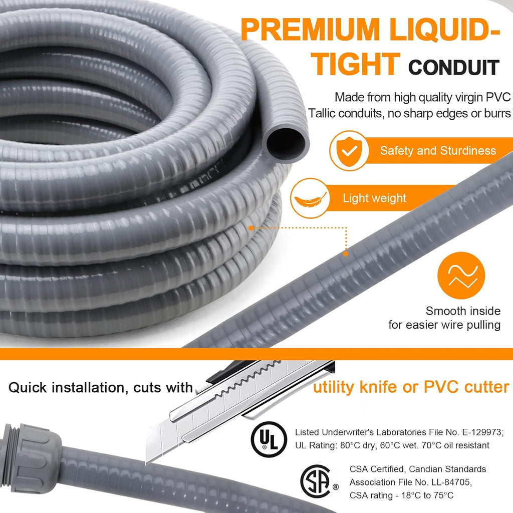 1 in. 50ft Flexible Non Metallic Liquid Tight Electrical Conduit Kit with 5 Straight and 3 Angle Fittings T991398