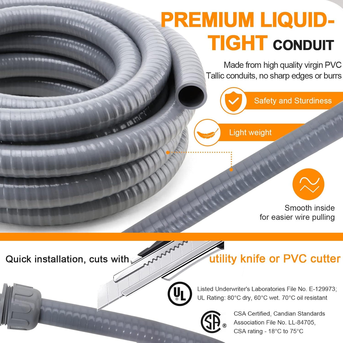 1 in. 50ft Flexible Non Metallic Liquid Tight Electrical Conduit Kit with 5 Straight and 3 Angle Fittings T991398