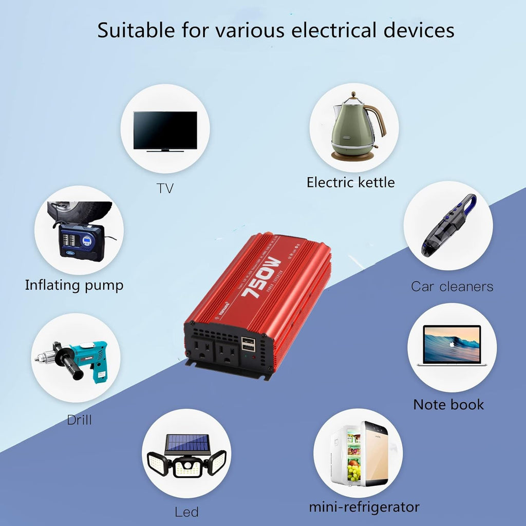 750W Car Power Inverter DC 12V to 110V AC Power Converter with 2 USB Outlet and 2 AC Outlet Q9330