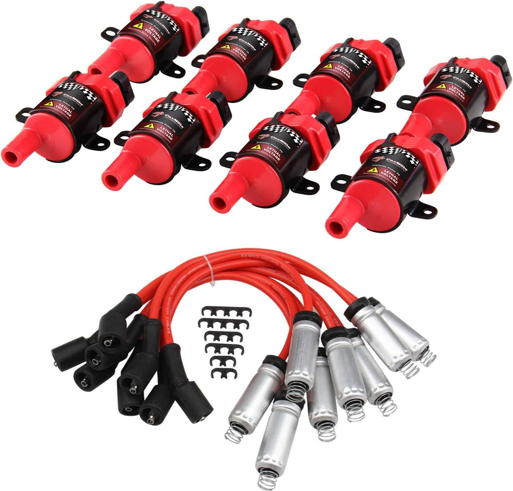 8Pcs Ignition Coils Pack Round Type + 8Pcs 8mm Spark Plug Wire Set I254