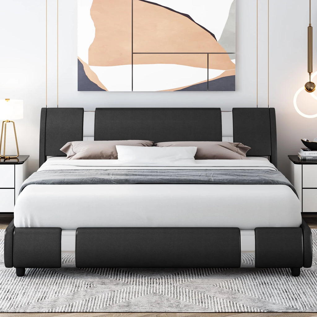 Full Size Leather Upholstered Platform Bed Frame with White Headboard G83012