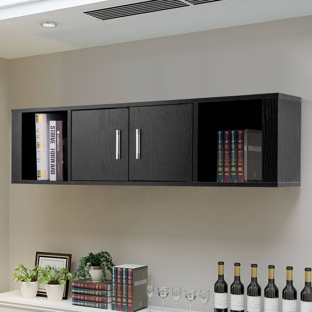 Black Wall Mounted Floating Desk Hutch Cabinet with 2 Door Storage Shelves P5193