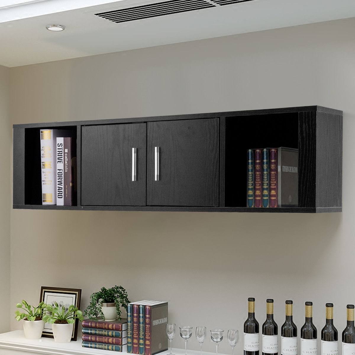 Black Wall Mounted Floating Desk Hutch Cabinet with 2 Door Storage Shelves P5193