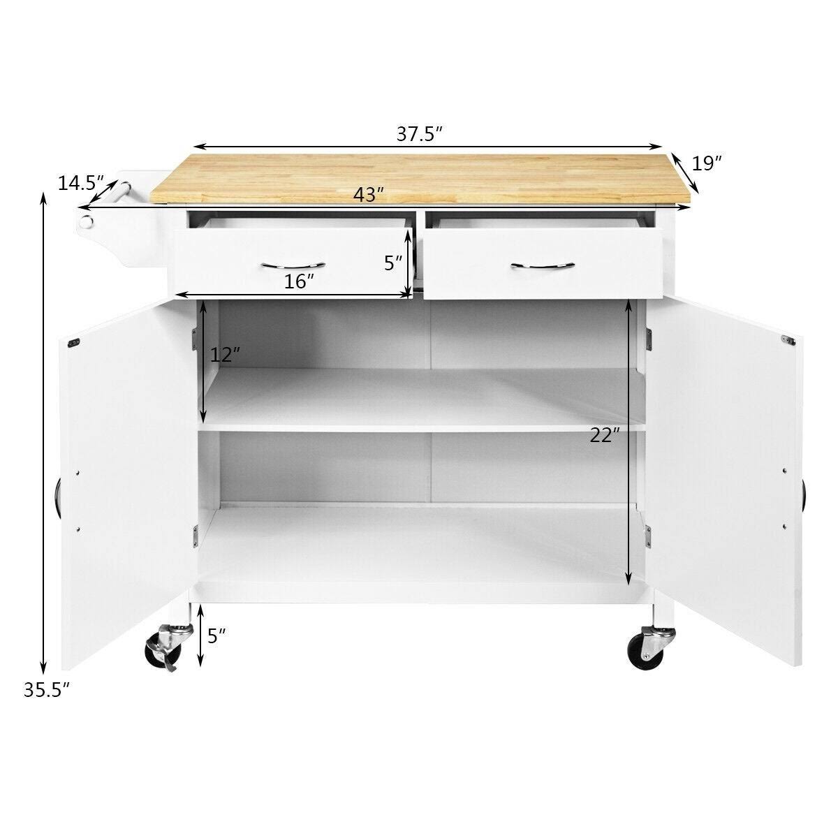 White Rolling Kitchen Cart with Wooden Top T270230