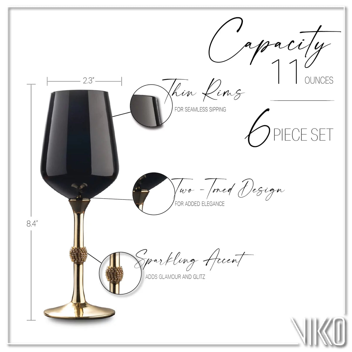 Black and Gold Wine Glasses, 11 Ounce, Set of Six V167