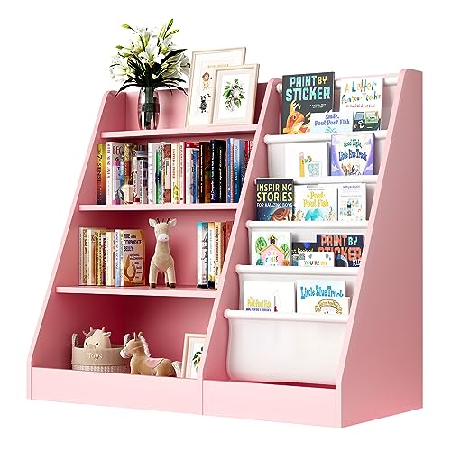 White Wood Kids Bookshelf with 3 Cube Bins Fabric Drawers X325