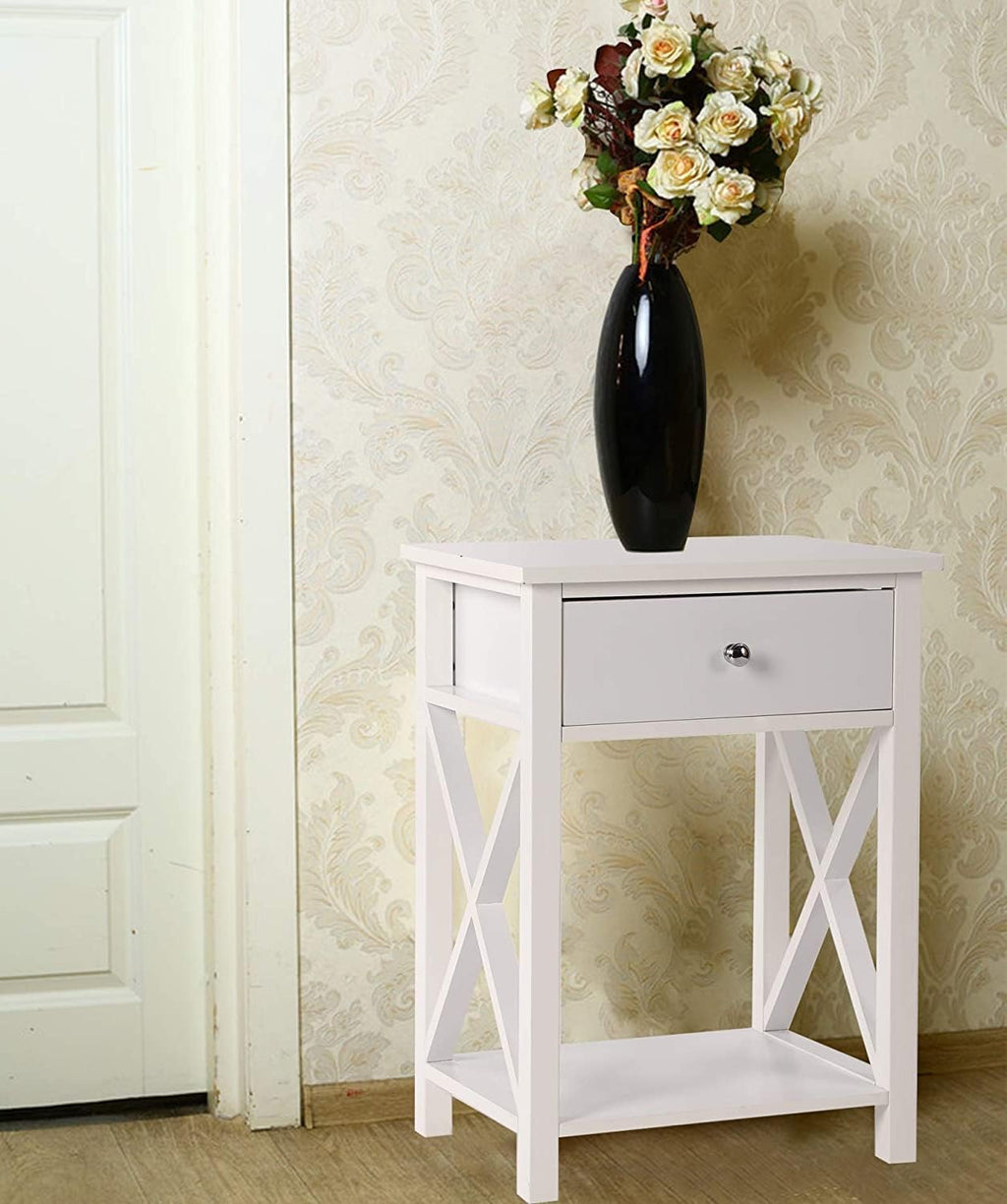 2 Pcs White Wooden Side End Table Night Stand with Bin Drawer V872886