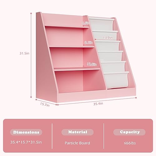 White Wood Kids Bookshelf with 3 Cube Bins Fabric Drawers X325