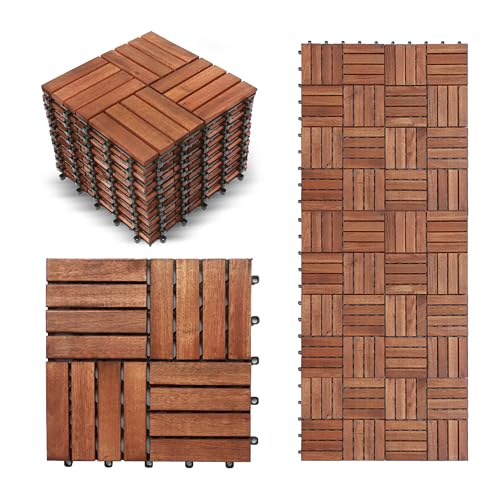10 Pcs Interlocking Acacia Wood Patio Tiles, 12"x12", Teak A7887