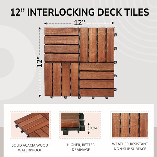 10 Pcs Interlocking Acacia Wood Patio Tiles, 12"x12", Teak A7887