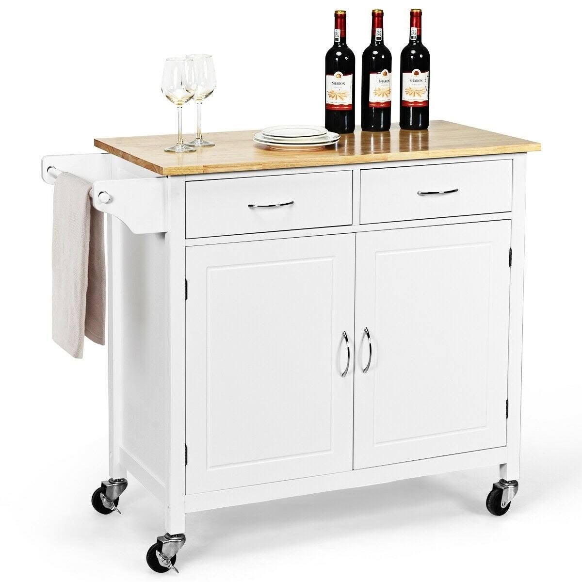 White Rolling Kitchen Cart with Wooden Top T270230