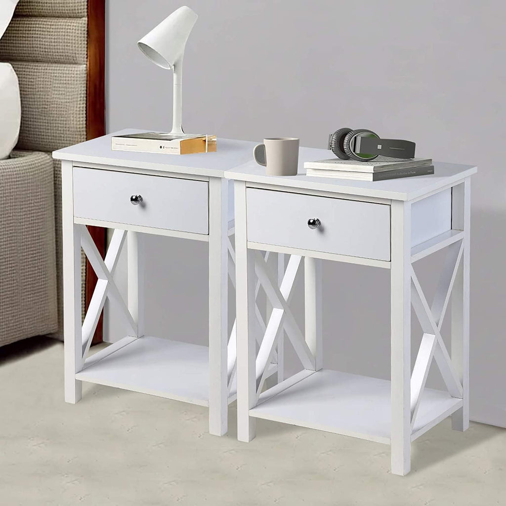 2 Pcs White Wooden Side End Table Night Stand with Bin Drawer V872886
