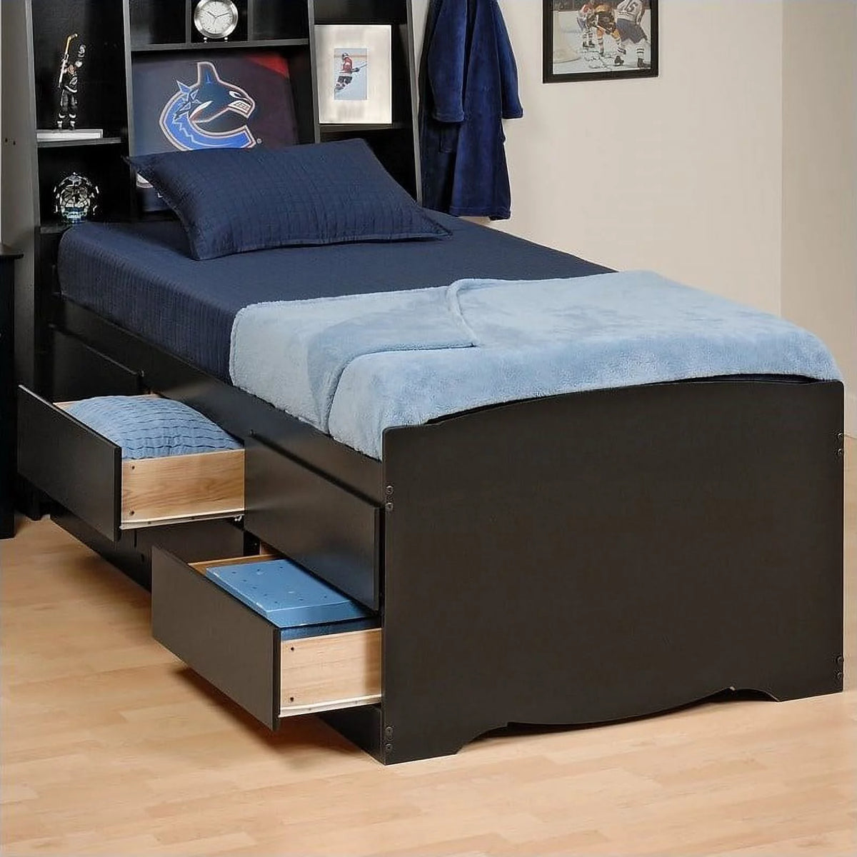 Contemporary Wood Twin Platform Storage Bed in Black S53627