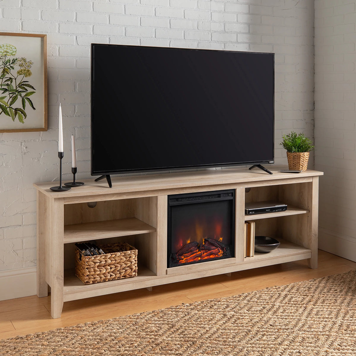 White Oak Open Storage Fireplace TV Stand I55677