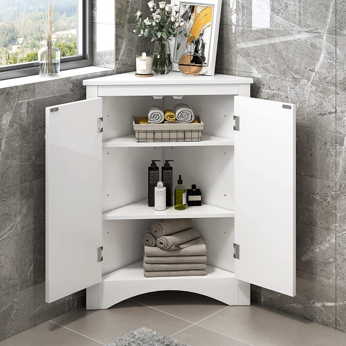 White Grey 2 Adjustable Shelves 2 Doors Corner Storage Cabinet C218993