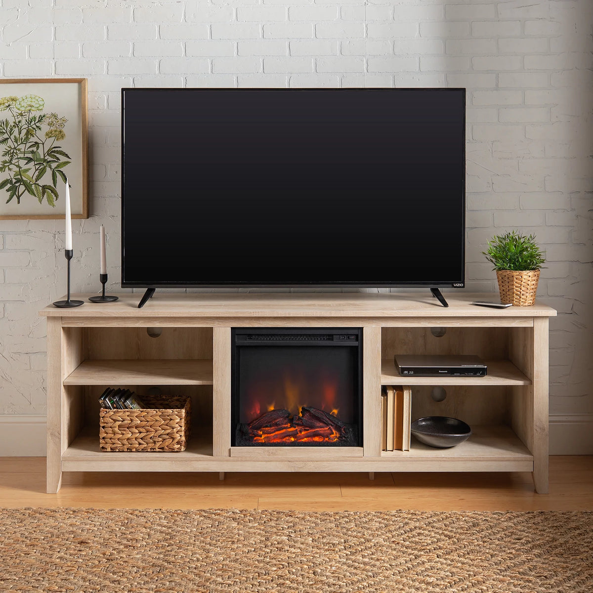 White Oak Open Storage Fireplace TV Stand I55677