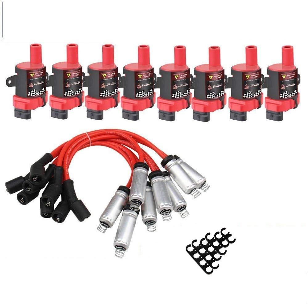 8Pcs Ignition Coils Pack Round Type + 8Pcs 8mm Spark Plug Wire Set I254