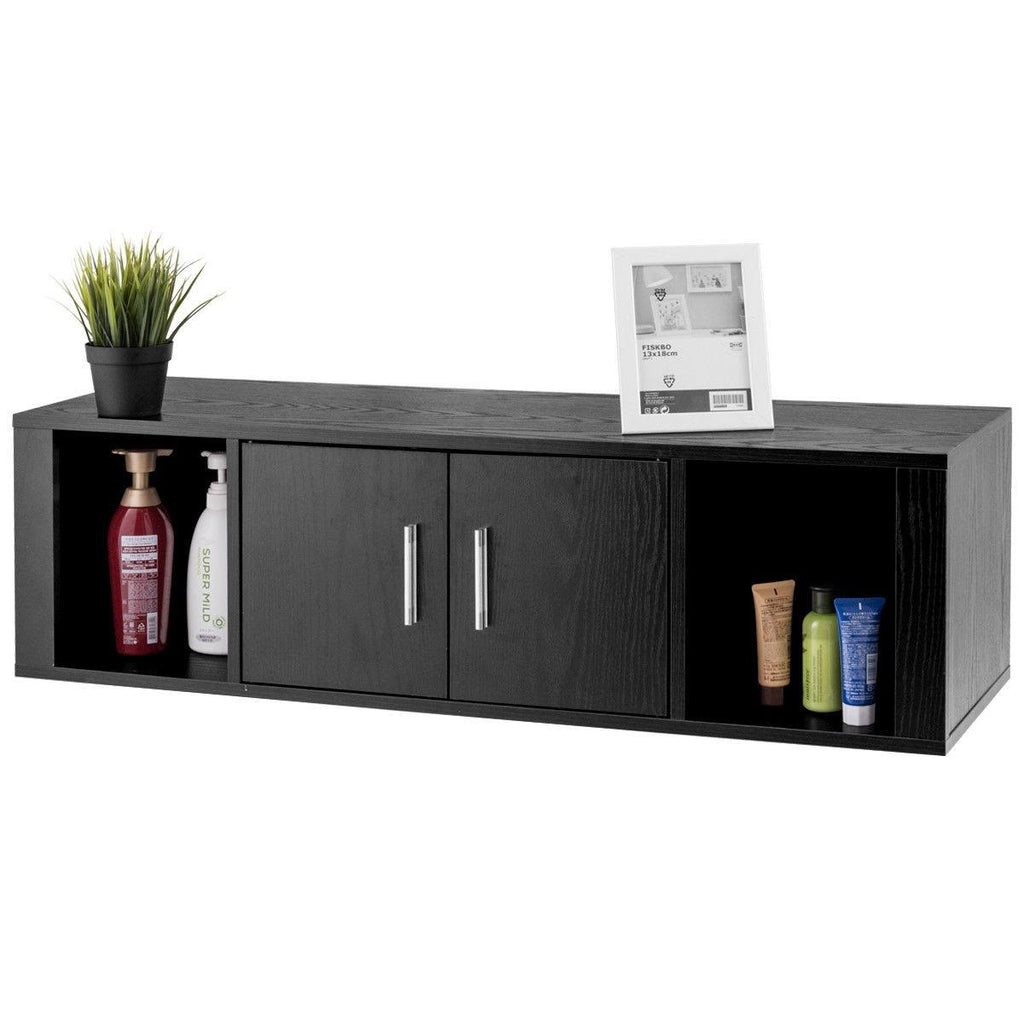 Black Wall Mounted Floating Desk Hutch Cabinet with 2 Door Storage Shelves P5193