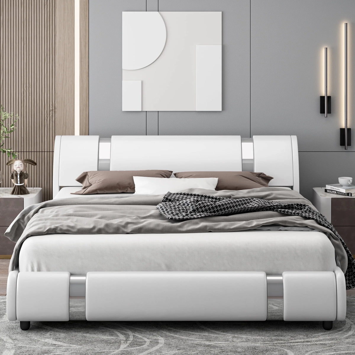 Full Size Leather Upholstered Platform Bed Frame with White Headboard G83012