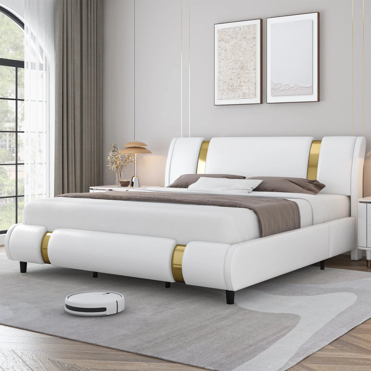 Full Size Leather Upholstered Platform Bed Frame with White Headboard G83012