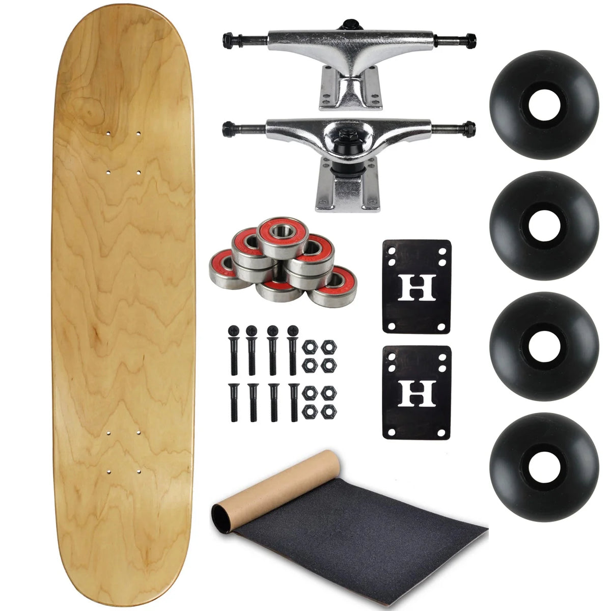 8.0" Natural Skateboard Complete with Silver Trucks and Black Wheels Q335255